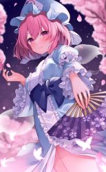 Rule 34 | 1girl, absurdres, blush, breasts, bug, butterfly, cherry blossoms, folding fan, frills, hand fan, hat, highres, insect, japanese clothes, kimono, komomo (ptkrx), long sleeves, looking at viewer, mob cap, night, petals, pink eyes, pink hair, saigyouji yuyuko, sash, short hair, smile, solo, touhou, triangular headpiece, wide sleeves