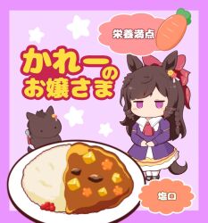 Rule 34 | 1girl, animal ears, blush stickers, border, bow, braid, brown hair, chibi, curry, curry rice, daiichi ruby (racehorse), daiichi ruby (umamusume), dress, drill hair, flower, food, gomashio (goma feet), hair bow, hair flower, hair ornament, holding, holding spoon, horse ears, horse girl, horse tail, jitome, juliet sleeves, long sleeves, own hands together, pink background, plate, puffy sleeves, purple border, purple dress, purple eyes, red bow, red flower, rice, side drill, single braid, spoon, star (symbol), tail, translated, twin drills, umamusume, yellow flower