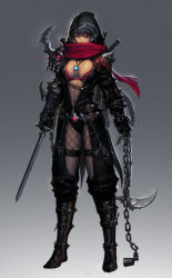 Rule 34 | 1girl, armor, assassin, belt, braid, breasts, cain (gunnermul), chain, cleavage, closed mouth, dark-skinned female, dark skin, diffraction spikes, dual wielding, facial mark, fishnet legwear, fishnets, gauntlets, gem, gradient background, grey hair, highres, holding, holding sword, holding weapon, hood, hood up, jewelry, long hair, navel, necklace, ninja, original, pauldrons, red eyes, red scarf, scarf, shaded face, short sword, shoulder armor, sickle, solo, standing, sword, warrior, weapon, weapon on back, zipper, zipper pull tab