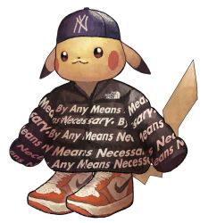 Rule 34 | :3, absurdres, air jordan, air jordan 1, black jacket, blue hat, brown eyes, clothed pokemon, commentary request, creatures (company), down jacket, drip (meme), game freak, gen 1 pokemon, hat, highres, jacket, major league baseball, meme, new york yankees, nike (company), nintendo, no humans, pikachu, pokemon, pokemon (creature), shoes, sleeves past fingers, sleeves past wrists, sneakers, subakeye, supreme (brand), the north face, white background, yankee with no brim (meme)