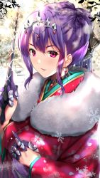 Rule 34 | 1girl, alternate hairstyle, black ribbon, earrings, fate/grand order, fate (series), fur-trimmed kimono, fur trim, gauntlets, hair ribbon, highres, holding, holding wand, japanese clothes, jewelry, kimono, long sleeves, looking at viewer, nonohachi, outdoors, purple hair, red eyes, red kimono, ribbon, scathach (fate), scathach skadi (fate), short hair, smile, solo, tiara, upper body, wand