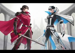 Rule 34 | 2boys, armor, belt, black eyes, black gloves, black hair, black pants, black shirt, blue eyes, building, cape, capelet, charlemagne (fate), chest belt, closed eyes, collared capelet, constantine xi (fate), earrings, elbow gloves, eye contact, fate/grand order, fate (series), feet out of frame, from side, gauntlets, gloves, greaves, haruakira, highres, holding, holding sword, holding weapon, jewelry, joyeuse ordre (fate), letterboxed, looking at another, male focus, multicolored hair, multiple boys, pants, parted lips, profile, puffy sleeves, red armor, red cape, serious, sheath, shirt, short hair, shoulder belt, side cape, sleeve garter, standing, sword, two-sided fabric, two-tone hair, weapon, white capelet, white hair