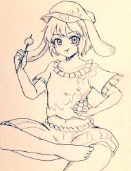 Rule 34 | 1girl, :t, animal ears, barefoot, breasts, cabbie hat, commentary request, crossed legs, d-m (dii emu), dango, eating, eyelashes, flat cap, floppy ears, food, greyscale, hat, holding, holding food, monochrome, moon rabbit, rabbit ears, ringo (touhou), shirt, short sleeves, shorts, sketch, small breasts, striped clothes, striped shorts, toes, touhou, traditional media, wagashi