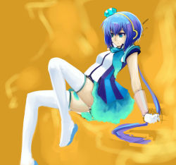 Rule 34 | 1girl, absurdres, aoki lapis, blue eyes, blue hair, diamond (gemstone), gloves, hair ornament, highres, i-style project, leaning back, long hair, matching hair/eyes, pas (paxiti), ponytail, sitting, sketch, skirt, solo, thighhighs, very long hair, vocaloid, white thighhighs