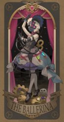 Rule 34 | 1girl, arm up, bandaged arm, bandages, black footwear, black gloves, black shirt, bonnet, commentary, criss-cross halter, curtains, doll joints, dragalia lost, english commentary, english text, closed eyes, facing viewer, full body, gears, gloves, grey hair, halterneck, hentaki, highres, joints, laxi (dragalia lost), one eye covered, pale skin, parted lips, purple skirt, shirt, shoes, short hair, skirt, solo, standing, vial, white headwear, winding key