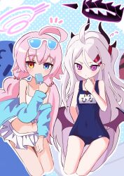 Rule 34 | ahoge, bikini, blue archive, blue jacket, commentary, demon girl, demon horns, demon wings, eyewear on head, food in mouth, forehead, frilled bikini, frills, hair between eyes, hair bobbles, hair ornament, hairclip, halo, heterochromia, highres, hina (blue archive), hina (swimsuit) (blue archive), horns, hoshino (blue archive), hoshino (swimsuit) (blue archive), jacket, long hair, looking at viewer, name tag, navel, official alternate costume, old school swimsuit, open clothes, open jacket, parted bangs, popsicle, popsicle in mouth, school swimsuit, sidelocks, simple background, sleeveless, stomach, sunglasses, swimsuit, thomason366, whistle, whistle around neck, white bikini, wings
