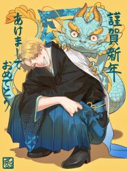 Rule 34 | 1boy, blonde hair, burn scar, chinese zodiac, closed eyes, dragon, dragon horns, eastern dragon, highres, holding, horns, japanese clothes, kusira548, light smile, long sleeves, looking at viewer, male focus, one piece, sabo (one piece), scar, scar across eye, scar on face, smile, solo, year of the dragon