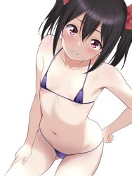Rule 34 | 1girl, bare arms, bare legs, bare shoulders, bikini, black hair, blush, borgbutler, breasts, cowboy shot, grin, hair between eyes, highres, long hair, looking at viewer, love live!, love live! school idol project, micro bikini, purple bikini, red eyes, simple background, small breasts, smile, solo, swimsuit, twintails, white background, yazawa nico