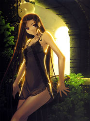 Rule 34 | 1girl, absurdres, backlighting, bare shoulders, brown hair, camisole, day, highres, ino (magloid), izayoi no hanayome, kiryuu iyori, lingerie, long hair, negligee, plant, red eyes, solo, standing, underwear, very long hair