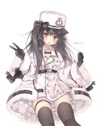 Rule 34 | 1girl, anchor symbol, azur lane, black bow, black gloves, black hair, black thighhighs, blush, bow, breasts, chestnut mouth, cleavage, coat, commentary, dress, fur-trimmed coat, fur-trimmed sleeves, fur hat, fur trim, gloves, hair bow, hands up, hat, looking at viewer, medium breasts, off shoulder, one side up, pamiat merkuria (azur lane), parted lips, peaked cap, red eyes, rento (rukeai), simple background, solo, thighhighs, twitter username, v, white background, white coat, white dress, white hat, wide sleeves