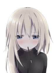 Rule 34 | 1girl, black sweater, blonde hair, blue eyes, blush, eyes visible through hair, food, food in mouth, hair between eyes, long hair, looking at viewer, mouth hold, original, pocky, simple background, solo, sweater, tia-chan, uchuuneko, white background