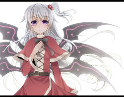 Rule 34 | 1girl, bad id, bad pixiv id, belt, bow, bowtie, capelet, female focus, hair bobbles, hair ornament, hand on own chest, kuran (mkmrl), letterboxed, long hair, multiple wings, mystic square, purple eyes, shinki (touhou), side ponytail, silver hair, solo, touhou, touhou (pc-98), very long hair, wings