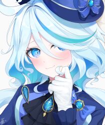 Rule 34 | 1girl, absurdres, ascot, black ascot, blue bow, blue coat, blue gemstone, blue hair, blue headwear, bow, brooch, closed mouth, coat, colored inner hair, furina (genshin impact), gem, genshin impact, gloves, hand up, highres, jewelry, korean commentary, light blue hair, long sleeves, looking at viewer, machin4719, multicolored hair, portrait, signature, simple background, solo, streaked hair, two-tone hair, white background, white gloves