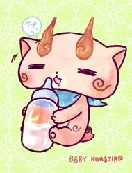 Rule 34 | 10s, aged down, baby bottle, bib, blush, bottle, character name, chill ykon, closed eyes, drooling, full body, komajirou, no humans, open mouth, simple background, solo, traditional youkai, youkai watch