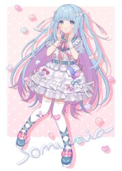 Rule 34 | 1girl, belt, blue belt, blue eyes, blue footwear, blue hair, blue ribbon, blunt bangs, border, character name, chiri (ch!), collared dress, commentary request, dress, drop shadow, frilled dress, frills, full body, grey dress, hands on own face, heart, highres, indie virtual youtuber, long hair, looking at viewer, official alternate costume, official art, open mouth, pink background, pink ribbon, plaid, plaid dress, puffy short sleeves, puffy sleeves, ribbon, second-party source, shoes, short sleeves, solo, somunia, standing, thighhighs, two side up, very long hair, virtual youtuber, white border, white ribbon, white thighhighs