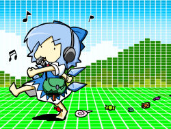 Rule 34 | . ., 1girl, bag, barefoot, blouse, blue dress, blue hair, blue ribbon, candy, child, cirno, clenched hands, collared shirt, dress, eyebrows, falling, food, headphones, ice, ice wings, musical note, pon (0737), red neckwear, ribbon, satchel, shirt, short hair, solo, touhou, walking, whistle, wings
