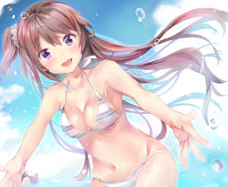 Rule 34 | 1girl, :d, armpits, bad id, bad pixiv id, bare arms, bare shoulders, bikini, blue sky, blush, breasts, brown hair, cleavage, cloud, collarbone, commentary request, day, dutch angle, hair between eyes, long hair, looking at viewer, medium breasts, navel, one side up, open mouth, original, outdoors, purple eyes, round teeth, sky, smile, solo, standing, striped bikini, striped clothes, suihi, swimsuit, teeth, upper teeth only, very long hair, wading, water drop, white bikini