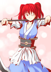 Rule 34 | 1girl, hair bobbles, hair ornament, highres, niwatazumi, one eye closed, onozuka komachi, red eyes, red hair, scythe, short hair, smile, solo, touhou, twintails, two side up, wink