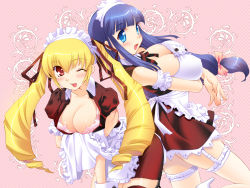 Rule 34 | 2girls, :d, ;d, apron, arm garter, armband, ass, ass-to-ass, back-to-back, blonde hair, blue eyes, blue hair, blunt bangs, blush, bow, bra, breast hold, breasts, checkered background, cleavage, covered erect nipples, drill hair, frills, fuutou shizune, garter belt, garter straps, hair bow, hair ribbon, high heels, highres, huge breasts, karen (artist), large breasts, leaning forward, leg lift, lingerie, long hair, looking at viewer, looking back, maid, maid apron, maid cap, maid headdress, multiple girls, one eye closed, open mouth, oshioki sweetie, pink bra, ponytail, red eyes, ribbon, shinmeiji rinn, shoes, sideboob, sidelocks, smile, standing, standing on one leg, thighhighs, twin drills, twintails, underwear, waist apron, wallpaper, wink, wrist cuffs, zettai ryouiki