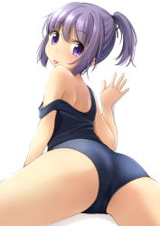 Rule 34 | 1girl, ass, back, blue one-piece swimsuit, cameltoe, clothes pull, cowboy shot, foreshortening, from behind, hair between eyes, head tilt, highres, looking at viewer, looking back, one-piece swimsuit, one-piece swimsuit pull, original, ponytail, purple hair, school swimsuit, shibacha, short hair, simple background, solo, spread legs, swimsuit, thighs, tongue, tongue out, white background