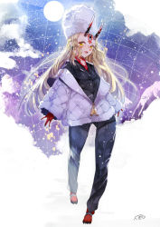 Rule 34 | 1girl, artist name, artist request, blonde hair, fate/grand order, fate (series), fur hat, hat, horns, ibaraki douji (fate), jacket, long hair, looking at viewer, monster girl, moon, oni, sky, snow, tagme, tattoo, ushanka, winter, winter clothes, yellow eyes