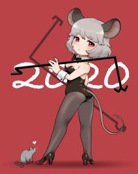 Rule 34 | 1girl, 2020, an-chan (ananna0315), animal ears, ass, bare shoulders, black bow, black bowtie, black leotard, black pantyhose, bow, bowtie, breasts, commentary request, detached collar, dowsing rod, from behind, full body, high heels, highres, holding rod, leotard, looking at viewer, looking back, medium breasts, mouse (animal), mouse ears, mouse tail, nazrin, nontraditional playboy bunny, pantyhose, playboy bunny, red background, red eyes, short hair, silver hair, simple background, solo, standing, tail, touhou, twisted torso, ||/