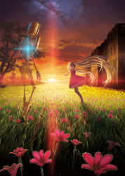 Rule 34 | 1girl, blonde hair, building, cloud, crystal, dress, field, flower, flower field, grass, green hair, hatsune miku, highres, lens flare, long hair, outstretched arms, puffy short sleeves, puffy sleeves, robot, scenery, short dress, short sleeves, sky, spread arms, star (sky), sunset, tree, twintails, very long hair, vocaloid, voice (vocaloid), yonasawa