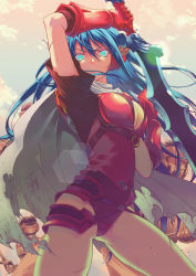 Rule 34 | 1girl, absurdres, black shirt, blood, blood on face, blue eyes, blue hair, breasts, cape, character request, cleavage, cowboy shot, dress shirt, floating hair, gauntlets, hair between eyes, highres, holding, holding sword, holding weapon, large breasts, lens flare, leotard, long hair, looking at viewer, open clothes, open shirt, rance (series), rance 10, red leotard, shirt, short sleeves, solo focus, sword, torn cape, torn clothes, v-shaped eyebrows, very long hair, weapon, white cape, yisorock