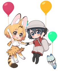 Rule 34 | 2girls, animal ears, balloon, black hair, black pantyhose, blonde hair, blue eyes, blush, breasts, brown eyes, cat ears, cat tail, closed mouth, fang, highres, holding, holding balloon, holding hands, kaban (kemono friends), kemono friends, large breasts, lucky beast (kemono friends), multiple girls, open mouth, pantyhose, ransusan, serval (kemono friends), short hair, shorts, small breasts, smile, tail, thighhighs