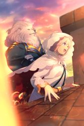 Rule 34 | 1boy, 1girl, blue jacket, boggart (fate), breasts, commentary request, dress, echo (circa), fate/grand order, fate (series), gradient sky, hair over one eye, hood, hood up, jacket, large breasts, light purple hair, lion boy, looking at viewer, mash kyrielight, official alternate costume, open mouth, pink sky, purple eyes, purple sky, short hair, sky, smile, twilight, white dress, white fur, yellow eyes
