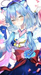 Rule 34 | 1girl, :3, ahoge, animal ears, blue flower, blue hair, blue nails, blurry, blurry background, blush, breasts, carnation, cat ears, closed mouth, commentary request, extra ears, falling petals, floral print, flower, hair between eyes, heart, heart ahoge, highres, hololive, kemonomimi mode, large breasts, long hair, looking at viewer, low twintails, nail polish, niku (hamuchang), petals, pink flower, pointy ears, simple background, smile, solo, tassel, twintails, virtual youtuber, white background, yellow eyes, yukihana lamy, yukihana lamy (new year)