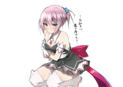 Rule 34 | 10s, 1girl, alternate costume, armor pillow, bare shoulders, blue eyes, blush, crossed arms, gloves, hair ornament, kantai collection, magical girl, personification, pink hair, ponytail, shiranui (kancolle), short hair, simple background, solo, soukou makura, translation request, white background