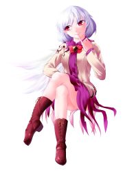 Rule 34 | 0-den, 1girl, absurdres, bow, bowtie, dress, full body, highres, jacket, kishin sagume, crossed legs, long sleeves, open clothes, purple dress, red eyes, shirt, short hair, silver hair, single wing, smile, solo, touhou, wings