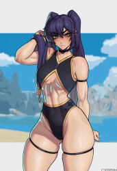 Rule 34 | 1girl, absurdres, arm strap, arm up, bare shoulders, black choker, breasts, choker, closed mouth, crop top, genshin impact, gluteal fold, green eyes, hair between eyes, highleg, highres, letterboxed, long hair, mona (genshin impact), purple hair, shirt, skindentation, sleeveless, sleeveless shirt, small breasts, solo, sparkle print, stopu, thick thighs, thigh strap, thighs, toned, twintails, very long hair, yellow trim