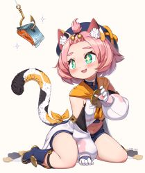 Rule 34 | 1girl, animal ear fluff, animal ears, beige background, blue footwear, blue hat, blush, boots, cat ears, cat girl, cat tail, child, detached sleeves, diona (genshin impact), fangs, fish, full body, genshin impact, gloves, green eyes, hat, highres, kneeling, md5 mismatch, navel, open mouth, pink hair, resolution mismatch, short hair, simple background, smile, solo, source smaller, sparkling eyes, ssorasora, tail, thick eyebrows, twintails, white gloves