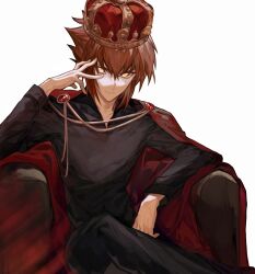Rule 34 | 1boy, alternate costume, black pants, black shirt, brown hair, cape, chair, chinese commentary, collared shirt, commentary request, crossed legs, crown, elbow rest, gem, hand on own face, highres, long sleeves, male focus, naoki (2rzmcaizerails6), on chair, pants, red cape, red gemstone, serious, shirt, short hair, sidelocks, sitting, solo, supreme king (yu-gi-oh! gx), upper body, white background, yellow eyes, yu-gi-oh!, yu-gi-oh! gx