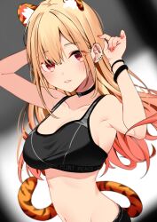 1girl animal_ears armpits arms_up bare_arms bare_shoulders black_choker black_shirt blonde_hair breasts choker collarbone crop_top ear_piercing earrings fang gradient_hair highres jewelry kitagawa_marin long_hair looking_at_viewer medium_breasts midriff motto_notto multicolored_hair navel parted_lips piercing red_eyes shirt sidelocks sleeveless sleeveless_shirt solo sono_bisque_doll_wa_koi_wo_suru sports_bra stomach tail tiger_ears tiger_tail upper_body wristband