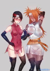 Rule 34 | 10s, 2girls, adapted costume, aged up, akimichi chouchou, arm up, artist name, black gloves, black hair, black legwear, blush, boruto: naruto next generations, breasts, brown hair, cameltoe, clothes pull, covered erect nipples, covered navel, dark-skinned female, dark skin, detached sleeves, elbow gloves, fishnet pantyhose, fishnets, forehead protector, glasses, gloves, gluteal fold, grabbing own breast, hair over one eye, hand on own hip, highres, kairos+, konohagakure symbol, large breasts, latex, lowleg, lowleg panties, medium breasts, multiple girls, naruto, naruto (series), navel, open mouth, panties, pantyhose, see-through, shirt pull, short twintails, simple background, stomach, swept bangs, thigh gap, thighhighs, twintails, uchiha sarada, uchiha symbol, unaligned breasts, underwear