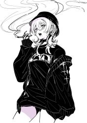 Rule 34 | 1girl, blush, breasts, bucket hat, cardigan, choker, cigarette, commentary, fingernails, hair behind ear, hair between eyes, hat, highres, hmng, holding, holding cigarette, long fingernails, medium breasts, medium hair, mole, mole under mouth, monochrome, off shoulder, open mouth, original, purple eyes, shirt, simple background, sleeves past fingers, sleeves past wrists, smoke, smoking, solo, spot color, symbol-only commentary, t-shirt