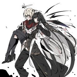 Rule 34 | 1boy, 1girl, absurdly long hair, arknights, ascot, black coat, black footwear, black garter straps, black gloves, black hair, black halo, black pants, black skirt, black sleeves, black thighhighs, black wings, bleeding, bleeding from forehead, blood, blood on clothes, blood on face, blood on hands, blue eyes, blunt bangs, broken halo, cargo pants, carrying, carrying person, cloak, closed eyes, closed mouth, coat, collared coat, collared jacket, colored inner hair, commentary request, cousins, dark halo, detached wings, doctahmem, dot nose, energy wings, executor (arknights), executor the ex foedere (arknights), facing ahead, feet out of frame, fingerless gloves, floating hair, from side, full body, garter straps, gloves, grey ascot, grey hair, hair between eyes, halo, hand on another&#039;s leg, hand on another&#039;s shoulder, hand on another&#039;s thigh, high collar, high heels, highres, hime cut, injury, jacket, korean commentary, layered sleeves, long hair, long sleeves, looking afar, looking ahead, mechanical halo, mechanical wings, messy hair, miniskirt, multicolored cloak, multicolored hair, official alternate costume, pale skin, pants, parted lips, pleated skirt, princess carry, red cloak, serious, short hair, short over long sleeves, short-sleeved jacket, short sleeves, sidelocks, simple background, skirt, sleeve cuffs, standing, strappy heels, teeth, thighhighs, two-tone cloak, two-tone hair, unconscious, very long hair, virtuosa (arknights), walking, white background, white cloak, white jacket, wide sleeves, wings, zettai ryouiki