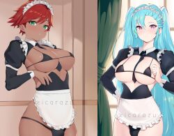 Rule 34 | 2girls, akeno(itsnafulol), apron, bikini, blue hair, breasts, bulge, curtains, green eyes, hand on own hip, highres, implied futanari, large breasts, long hair, looking at viewer, lyra(itsnafulol), maid, maid apron, maid bikini, maid headdress, multiple girls, pink eyes, red hair, room, short hair, siblings, sisters, swimsuit, thick thighs, thighs, tomboy, twintails, unconventional maid, window, xicarazu