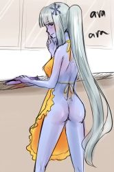 Rule 34 | 1girl, apron, ass, bare shoulders, blue skin, blush, colored skin, counter, drawfag, from behind, green hair, hair ornament, highres, kneepits, legs, long hair, monster girl, monster girl encyclopedia, naked apron, ponytail, profile, silver hair, sketch, snowflakes, solo, standing, very long hair, yuki onna, yuki onna (monster girl encyclopedia)