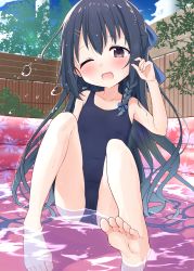 Rule 34 | 1girl, barefoot, black hair, black one-piece swimsuit, bow, braid, brown eyes, commentary request, commission, fence, hair bow, highres, hiyama yuki (mousou academism), imooka, long hair, one-piece swimsuit, one eye closed, partially submerged, school swimsuit, single braid, skeb commission, solo, swimsuit, wading pool, water, yuuko (imooka)
