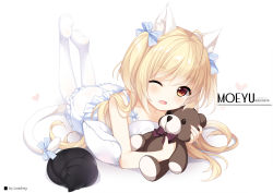 Rule 34 | 1girl, animal, animal ear fluff, animal ears, bare arms, bare shoulders, black cat, blonde hair, blue bow, bow, cat, cat ears, cat girl, cat tail, collarbone, commentary request, copyright request, dress, hair bow, heart, legs up, loading (verjuice), long hair, looking at viewer, lying, no shoes, hugging object, on stomach, one eye closed, open mouth, pantyhose, pillow, red eyes, shadow, sleeveless, sleeveless dress, soles, solo, stuffed animal, stuffed toy, tail, teddy bear, twintails, very long hair, white background, white dress, white pantyhose