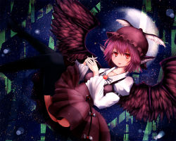 Rule 34 | 1girl, animal ears, bamboo, black thighhighs, breasts, brown wings, dress, dress shirt, fay (pixiv146922), feathered wings, feathers, full moon, hat, interlocked fingers, long sleeves, moon, mystia lorelei, night, pink hair, red eyes, shirt, short hair, smile, solo, thighhighs, touhou, wings