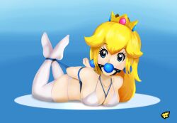 Rule 34 | 1girl, arms behind back, ass, bdsm, bikini, blonde hair, blue eyes, bondage, bound, breast press, breasts, cleavage, feet, highres, large breasts, legs, looking at viewer, lying, mario (series), nintendo, on stomach, pink lips, princess, princess peach, sharpffffff, solo, super mario bros. 1, swimsuit, the pose, thighs, white bikini