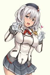 Rule 34 | 10s, 1girl, beret, blush, breasts, epaulettes, frilled sleeves, frills, gloves, grey eyes, hat, highres, jacket, kantai collection, kashima (kancolle), kerchief, large breasts, long hair, long sleeves, looking at viewer, military, military uniform, miniskirt, open mouth, pleated skirt, red ribbon, ribbon, satou samu, sidelocks, silver hair, simple background, skirt, smile, solo, tsurime, twintails, uniform, wavy hair, white gloves