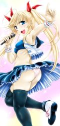 Rule 34 | 1girl, :d, ahoge, armpits, ass, atchy, black thighhighs, blue bra, blue skirt, blush, bra, breasts, clothes lift, commentary request, cross-laced footwear, frilled bra, frilled jacket, frilled wrist cuffs, frills, from side, hair ribbon, highres, holding, holding microphone, idol, jacket, leg up, legs, light blush, long hair, looking at viewer, looking back, medium breasts, microphone, miniskirt, open clothes, open jacket, open mouth, original, panties, petticoat, pointing, pointing up, purple background, red ribbon, ribbon, ribs, shirt, shoes, skindentation, skirt, skirt lift, sleeveless, sleeveless shirt, smile, solo, standing, standing on one leg, thighhighs, twintails, underwear, white footwear, white jacket, white panties, wrist cuffs