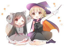 Rule 34 | 2girls, :d, ;d, ami (orenchi no maidosan), animal ears, animal hands, arms up, black dress, black hair, brown eyes, brown hair, cape, dress, gloves, grey dress, halloween, hat, holding, kimijima sara, looking at viewer, multiple girls, one eye closed, open mouth, orenchi no meidosan, original, ouhara lolong, paw gloves, red eyes, seiza, simple background, sitting, smile, tail, wand, white background, white gloves, witch hat, wolf ears, wolf paws, wolf tail