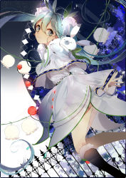 Rule 34 | 1girl, animal, animal on shoulder, boots, rabbit, capelet, flower, green eyes, green hair, hatsune miku, highres, knee boots, lily of the valley, long hair, matching hair/eyes, rmm, snowdrop (flower), snowflake print, solo, twintails, very long hair, vocaloid, yuki miku, yukine (vocaloid)